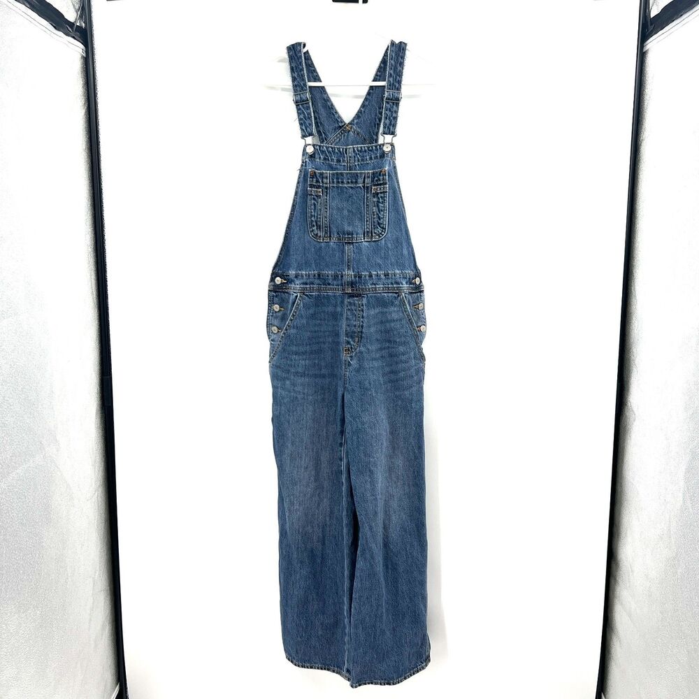 Old Navy Baggy Wide Leg Denim Overalls Womens Size 4 Medium Wash Bib Jeans Blue